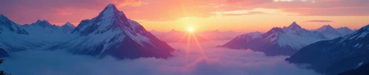 Glacial mountains at sunset with misty atmosphere, alps, mountains, landscape