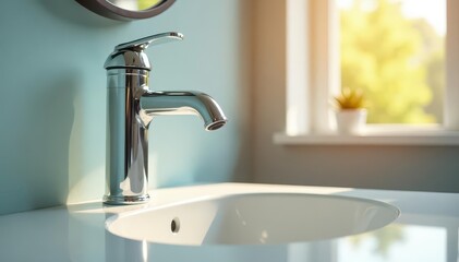 Gleaming chrome faucet, pristine sink, sunlit bathroom , elegant, day