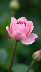 Pastel pink delicate flower petals unfolding on a stem in a garden setting, blossom, soft pink