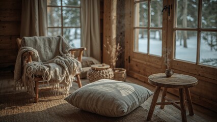 A cozy interior with a wooden chair a blanket and a pillow next to a window overlooking a snowy landscape