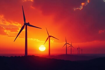 Silhouetted wind turbines against a fiery sunset , nature, generator