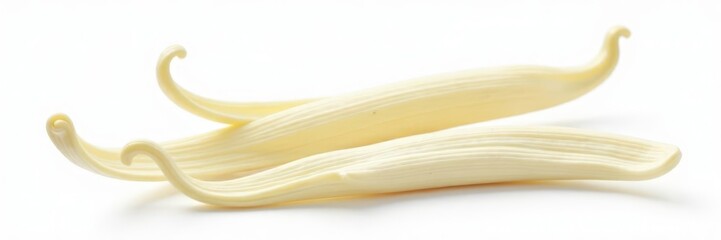 Two plump vanilla bean pods, creamy white, isolated on pure white background ,  detail,  food photography,  organic