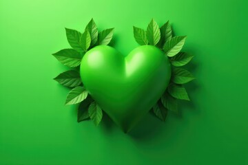 Abstract asymmetrical green heart with leaves on green background, minimal, spring