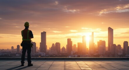 Fototapeta premium Construction worker overlooks vibrant sunset cityscape embodying progress development and future vision