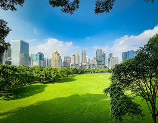 Obraz premium city skyline framed by lush metropolitan park vibrant green lush trees view bright park