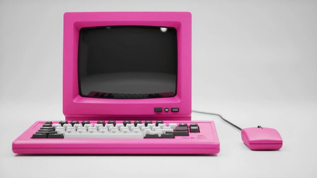 Vibrant pink computer with monitor, keyboard, and mouse on white