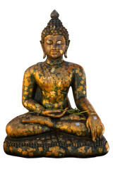 Golden Buddha statue isolated on white, symbolizing peace and meditation in Asian religion and...