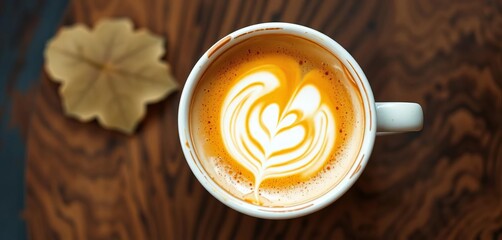 Creamy latte art in a ceramic coffee cup, viewed from above, cup, hot