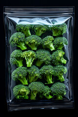 Fresh broccoli arranged in a vacuum-sealed package surrounded by dark background for healthy eating