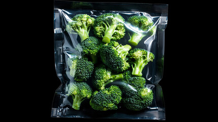 Fresh broccoli in a vacuum-sealed bag showcasing its vibrant green color and natural texture