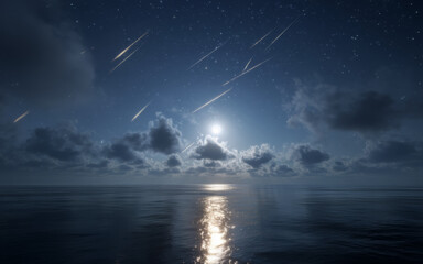 Naklejka premium Meteor Shower Over Ocean – Night Sky Reflections