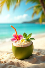 A fresh coconut drink cocktail with a straw garnished with tropical flowers on sandy beach near ocean shore and palm trees. Ideal for summer relaxation.