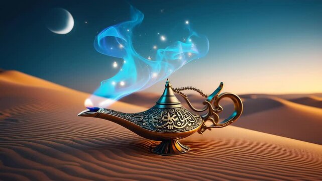 Cinematic animation of a golden Arabic magic lamp with swirling blue smoke and glowing particles, resting on sand dunes at sunset with wind effects, inspired by Middle Eastern fantasy