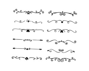 Obraz premium text dividers doodle set. Wedding decorative elements. Divider ornament, borders, floral, vintage line separators. Hand drawn vector illustration isolated on white background. Set page dividers.