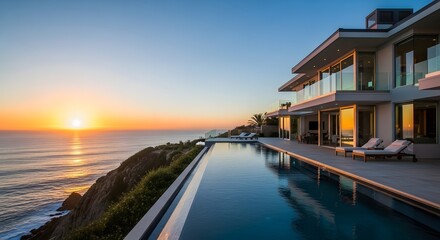 Fototapeta premium Luxury ocean view villa with infinity pool at sunset modern architecture real estate coastal living dream home