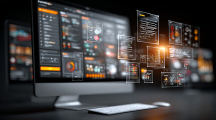 Close up of a computer screen displaying various data visualizations and interfaces