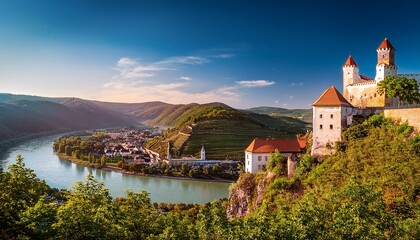 Fototapeta premium landscape with old castle and danube river in wachau austria