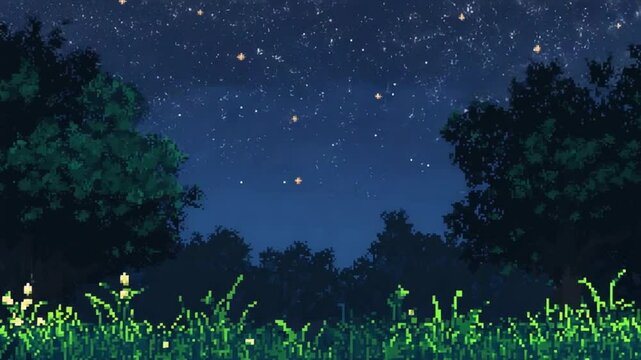 Pixel art night landscape with trees, grass, and stars for video game background or animation