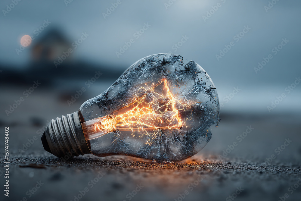 Poster illuminated lightbulb with cracks lying on a gritty surface with a blurred background