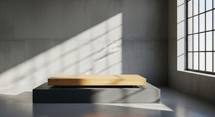 Photo of a minimalist interior scene with a concrete platform and a wooden display block bathed in dramatic sunlight streaming through a large industrial window