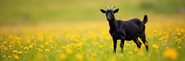 Fototapeta premium Black goat standing alone in a field with clipped path leading out of frame, black goat, wildlife