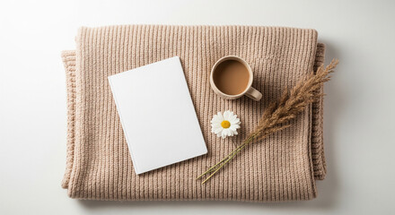 Photo of a cozy autumn scene featuring a warm knitted blanket, a mug of coffee, a blank book, a delicate daisy, and dried grass, perfect for a relaxing moment