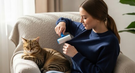 A woman sitting on a couch with a cat, using a lint roller to clean her clothes.