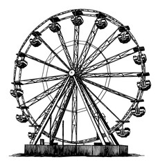 Large Carnival Ferris Wheel Structure Black and White Outline Line Art Drawing Engraved Vintage Retro Style