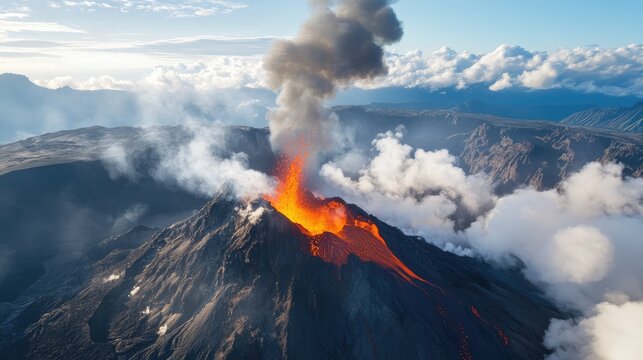 Aerial view of an erupting volcano with smoke and lava