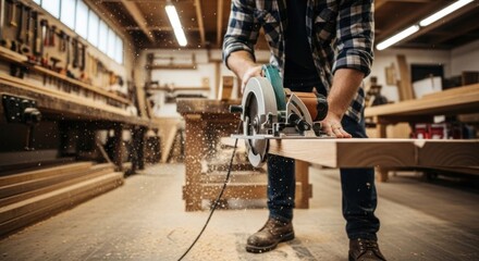 A man in a plaid shirt and jeans is using a circular saw to cut a piece of wood in a workshop.