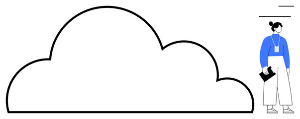 Woman with badge holding clipboard next to minimal cloud outline. Ideal for digital storage, teamwork, innovation, cloud services, technology, data sharing, abstract ideas. Clean flat metaphor