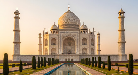 Obraz premium Taj Mahal: Sunrise View of Iconic Indian Landmark
