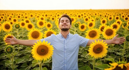 A man standing in a field of sunflowers with his arms outstretched.