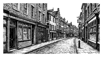 Empty Old British Street View with Traditional Buildings and Shopfronts Black and White Outline Line Art Drawing