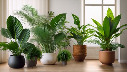 beautiful juicy green lush indoor plants in the interior of the room against the background