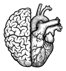 Obraz premium Creative Human Brain and Heart Shape Symbol Merged Half and Half Black and White Outline Line Art Drawing