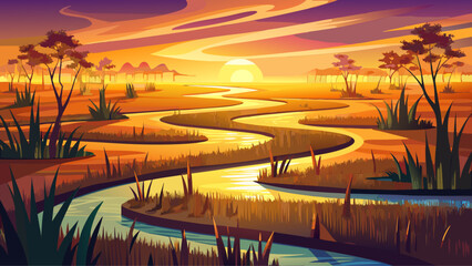 Caprivi Strip Wetlands, Namibia &ndash; Reflective channels wind through floodplains., lush reeds catch golden hour glow.