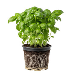 Lush Basil Plant in Black Pot Showing Green Leaves and Roots.