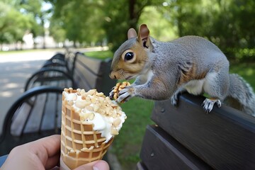 Brave Squirrel Steals Topping from Ice Cream Cone