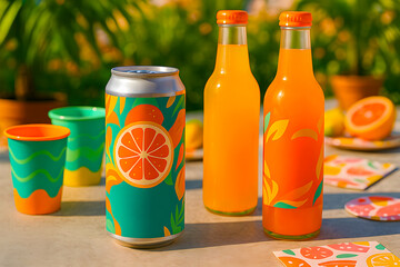 Vibrant Orange Juice Bottles & Can Outdoors