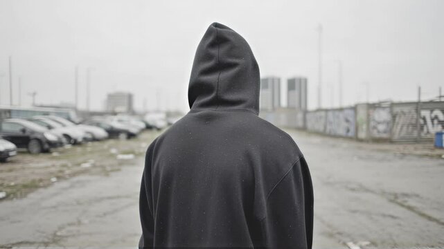 African american man in black hoodie standing in urban setting. Gloomy atmosphere of city outskirts. Social issues, poverty, crime concept. Mysterious figure on street.