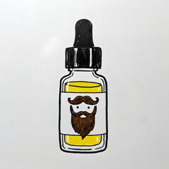 Illustration of a dropper bottle containing yellow beard oil, featuring a whimsical label with a cartoonish bearded face, emphasizing grooming and personal care for men