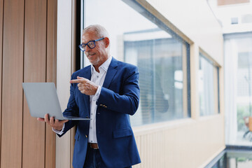 Smiling mature businessman pointing at laptop screen during video call with client in modern office...