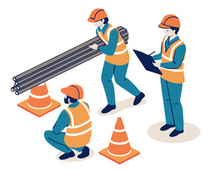 Construction workers checking and verifying stacked steel rebar bundles for quality and quantity at a construction site in isometric view.