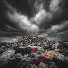 Overcast sky above a massive pile of discarded clothing and textile waste material