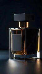 Perfume advertisement, bottle and minimalism: Close-up on minimalist perfume bottle label, centered frame with high contrast lighting.