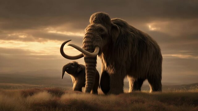Two woolly mammoths stand majestically in a vast, open landscape, showcasing their impressive tusks against a backdrop of distant mountains and a colorful sky at dusk

