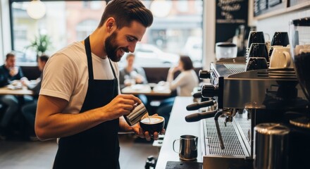 A smiling barista in an apron, preparing a cappuccino in a modern coffee shop.
