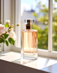 Perfume advertisement, bottle and minimalism: Documentary photograph of a perfume bottle on a windowsill, soft morning light.