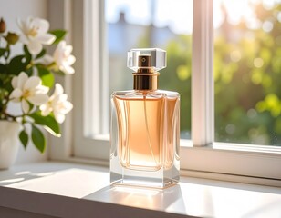 Perfume advertisement, bottle and minimalism: Documentary photograph of a perfume bottle on a windowsill, soft morning light.